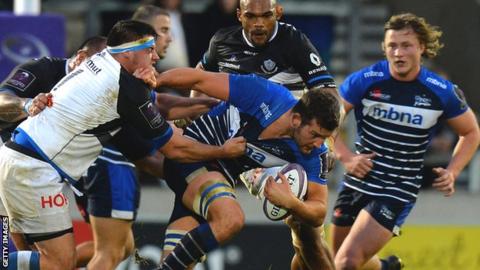 Sales Sharks' Mark Easter breaking through a tackle against Castres