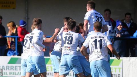 Ballymena players celebrate one of their four goals in last week's derby win over Coleraine