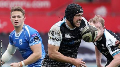Dan Evans breaks through to score one of his four tries for Ospreys against Dragons