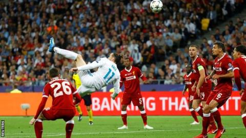 Gareth Bale scores the first of two goals in Real Madrid's 3-1 win over Liverpool in last season's Champions League final