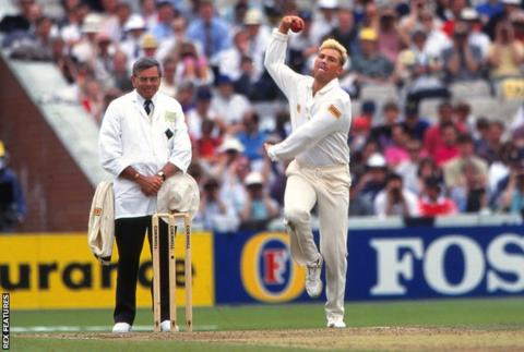 Shane Warne with umpire Dickie Bird, during England v Australia; 1st Ashes Test at Old Trafford in June 1993