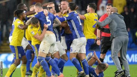 Cardiff and Birmingham players clashed in stoppage time at the Cardiff City Stadium