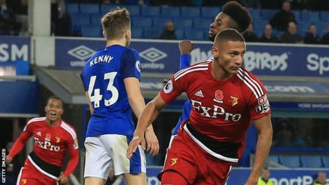 Richarlison celebrates scoring for Watford against Everton in November 2017
