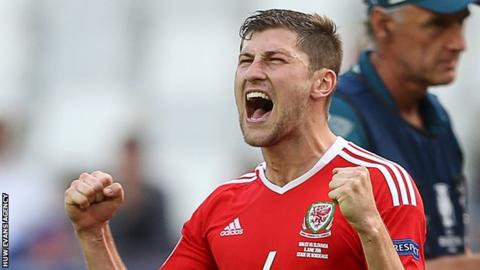 Ben Davies celebrates Wales' win over Slovakia at Euro 2016