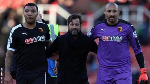 Quique Sanchez Flores with Troy Deeney and Heurelho Gomes