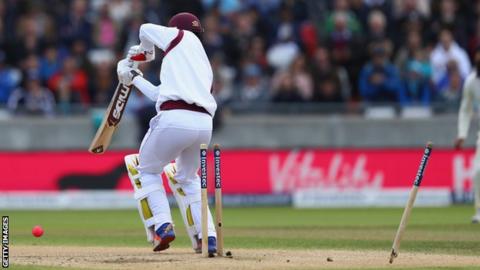 Kemar Roach is bowled