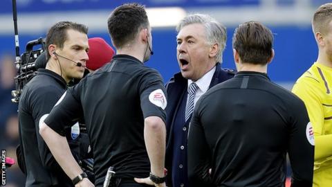 Carlo Ancelotti shouting at referee Chris Kavanagh after Sunday's 1-1 draw with Manchester United