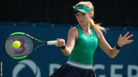 Katie Boulter plays a forehand shot during her first round defeat at the Rogers Cup