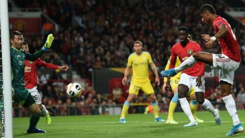 Marcus Rashford takes a shot against Astana