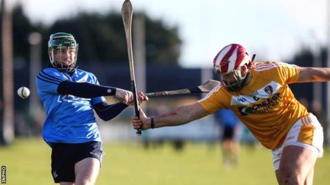 Dublin's Ben Quinn sees his shot blocked by Saffrons opponent Kevin McKernan