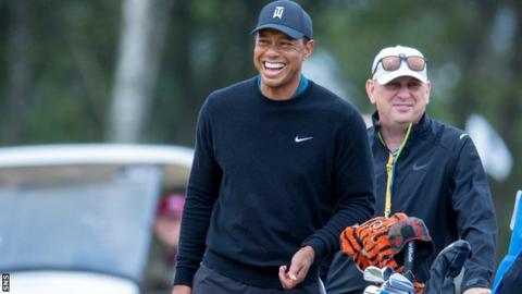 Tiger Woods in action during a practice round at the Open Championship at Carnoustie