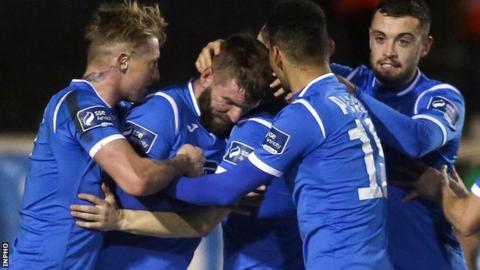 McCourt celebrates scoring against Limerick in Finn Harps' first-leg win