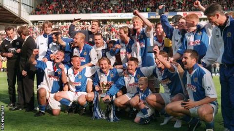 Blackburn Rovers players celebrate winning the Premier League despite losing at Liverpool on the final day of the 1994-95 season