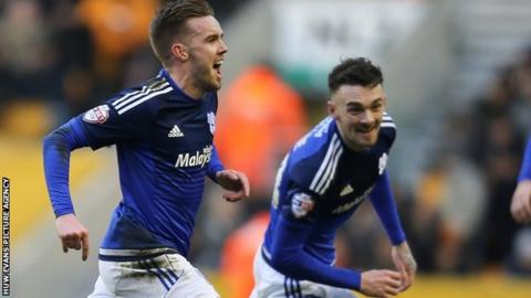 Craig Noone scored celebrates scoring one of his two goals against Wolves