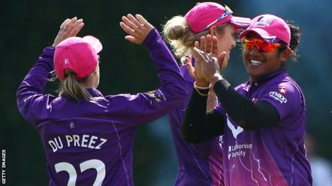 Loughborough Lightning celebrate a wicket against Surrey Stars