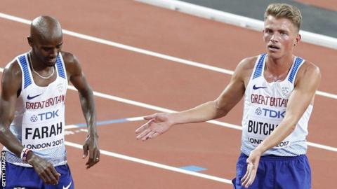 Andrew Butchart gestures towards Mo Farah competes at the 2017 World Championships