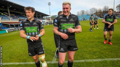 Pete Horne (left) and Stuart Hogg celebrate beating Leinster at the RDS Arena