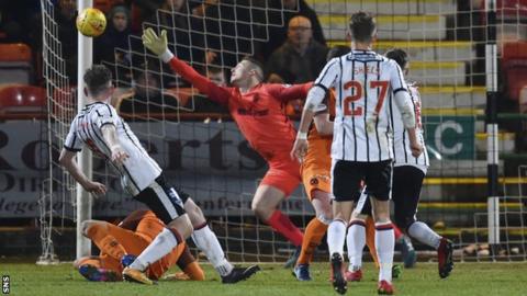 Dunfermline's Declan McManus fires against a post against Dundee United
