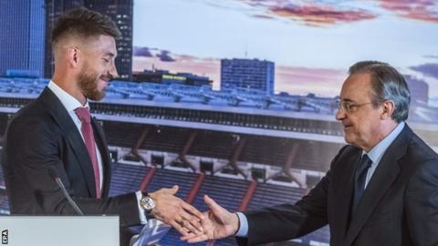 Real Madrid defender Sergio Ramos with club president Florentino Perez