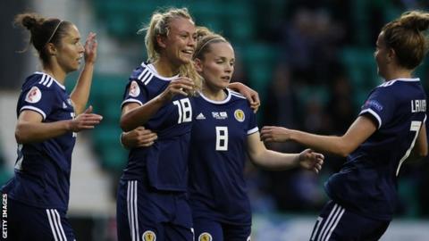 Scotland forward Claire Emslie, second left, thrived on loan at Melbourne City