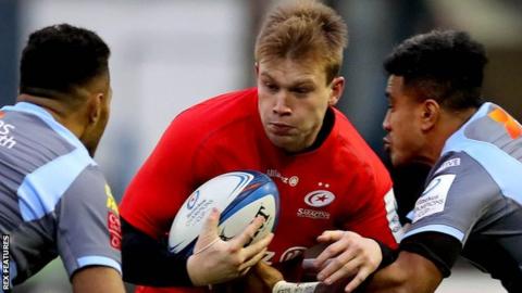Saracens' Nick Tompkins takes on Cardiff Blues centres Willis Halaholo and Rey Lee-Lo in the European Champions Cup in December, 2018