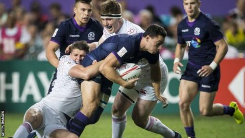 Scotland Sevens player Jamie Farndale is tackled