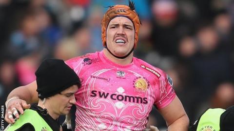 Ollie Atkins hobbles off in the early stages of Exeter's Anglo-Welsh Cup win over Saracens