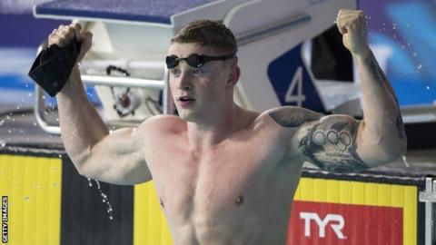 Adam Peaty celebrates winning the 50m breaststroke at the 2018 European Swimming Championships in Glasgow