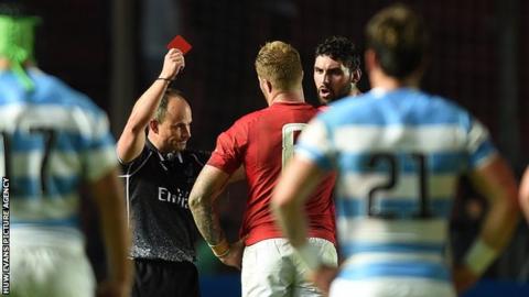 Wales back-row Ross Moriarty is shown red against Argentina