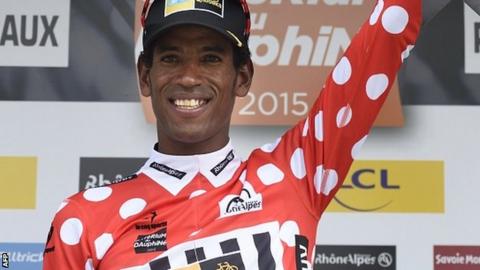 Eritrea's Daniel Teklehaimanot celebrates his polka dot jersey for best climber at the recent Dauphine Criterium race