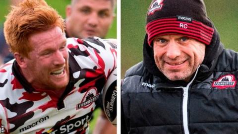 Roddy Grant carrying ball for Edinburgh; Richard Cockerill marshalling Edinburgh training
