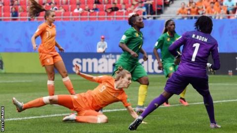 Arsenal's Vivianne Miedema heads the Netherlands in front against Cameroon