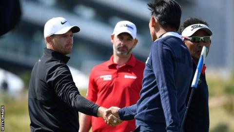 Tom Lewis and Paul Waring congratulate Thailand on victory