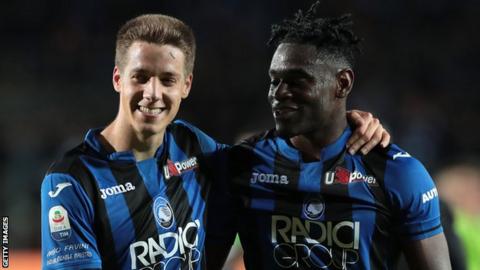 Mario Pasalic, left, celebrates his goal with team-mate Duvan Zapata, who has netted 21 league goals this season