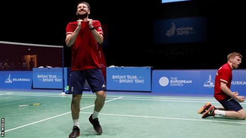 Chris Langridge and Marcus Ellis celebrate winning gold at the European Games in Minsk