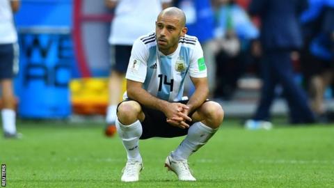 Argentina defender Javier Mascherano reacting to the defeat to France