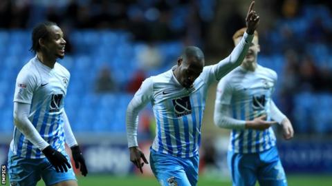 Kyel Reid celebrates Coventry's first goal against Port Vale