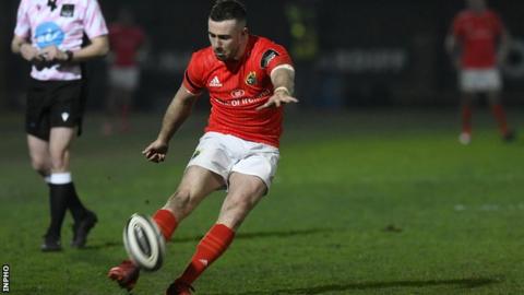 JJ Hanrahan kicks a conversion for Munster against Zebre