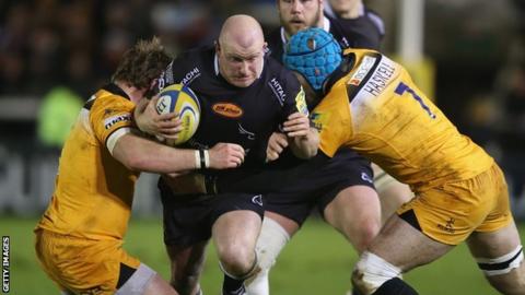 Matt Mullan (left) and James Haskell combine to thwart Newcastle's Scott Lawson at Kingston Park