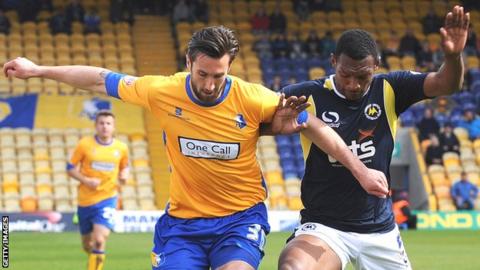 Krystian Pearce (right) in action against Mansfield Town's Ollie Palmer