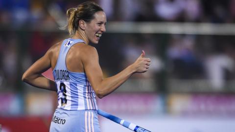 Victoria Zuloaga of Argentina celebrates after scoring her team's third goal during the Women's FIH Field Hockey Pro League match between Argentina and Great Britain at Estadio Mundialista