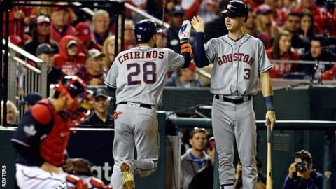 Houston Astros' Robinson Chirinos celebrates his home run