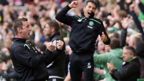 Celtic manager Ronny Deila and assistant John Collins celebrate