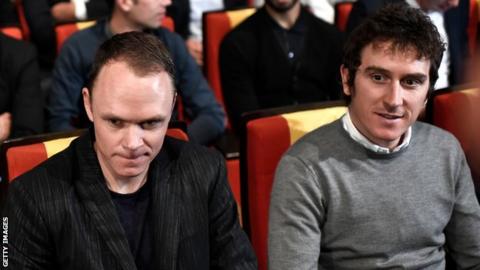 Team Sky team-mate Chris Froome and Geraint Thomas sit next to each other during the 2019 Tour de France route presentation