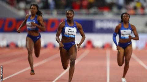 Dina Asher-Smith crossing the finish line to win the women's 200m at the 2019 Diamond League event in Doha, Qatar