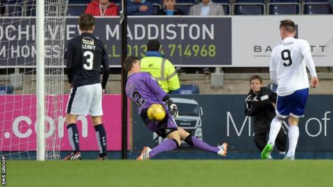 Rory McAllister knocks in his third goal at the Falkirk Stadium