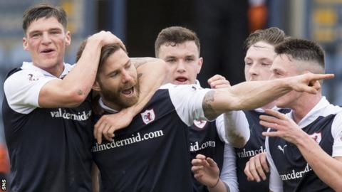 Raith Rovers celebrate a goal by Craig Barr (second left)