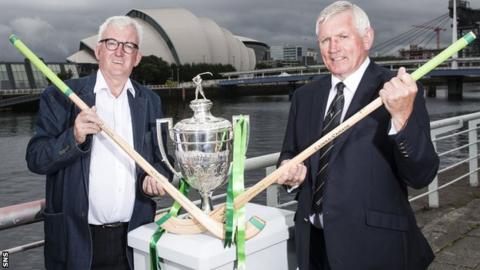 BBC commentator Hugh Dan MacLennan and Camanachd Association chieftan Jock Turner