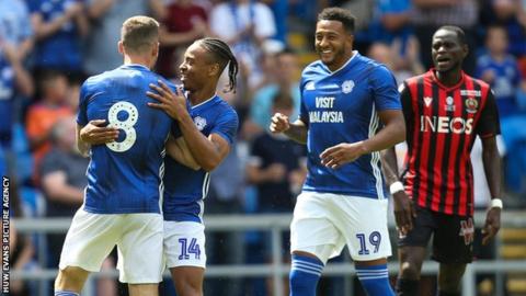 Joe Ralls is congratulated by Cardiff team-mate Bobby Decordova-Reid after scoring against Nice