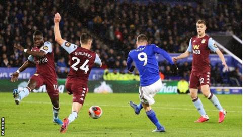 Jamie Vardy scores his second goal for Leicester City against Aston Villa on Monday